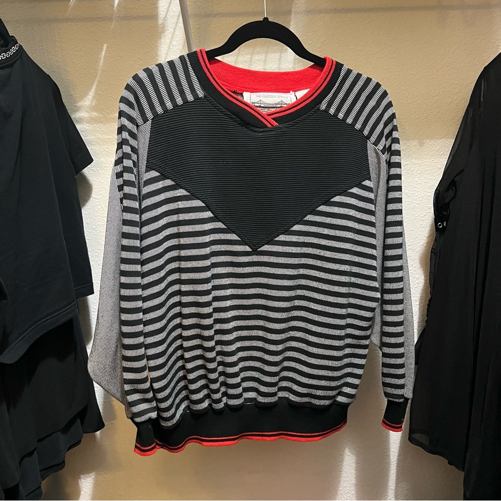 Striped Black and Gray Sweater with Red Accents